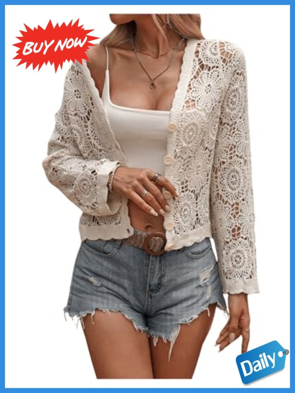 Boho Crochet Cardigan Long Sleeve Button Front V Neck Crop Sweater